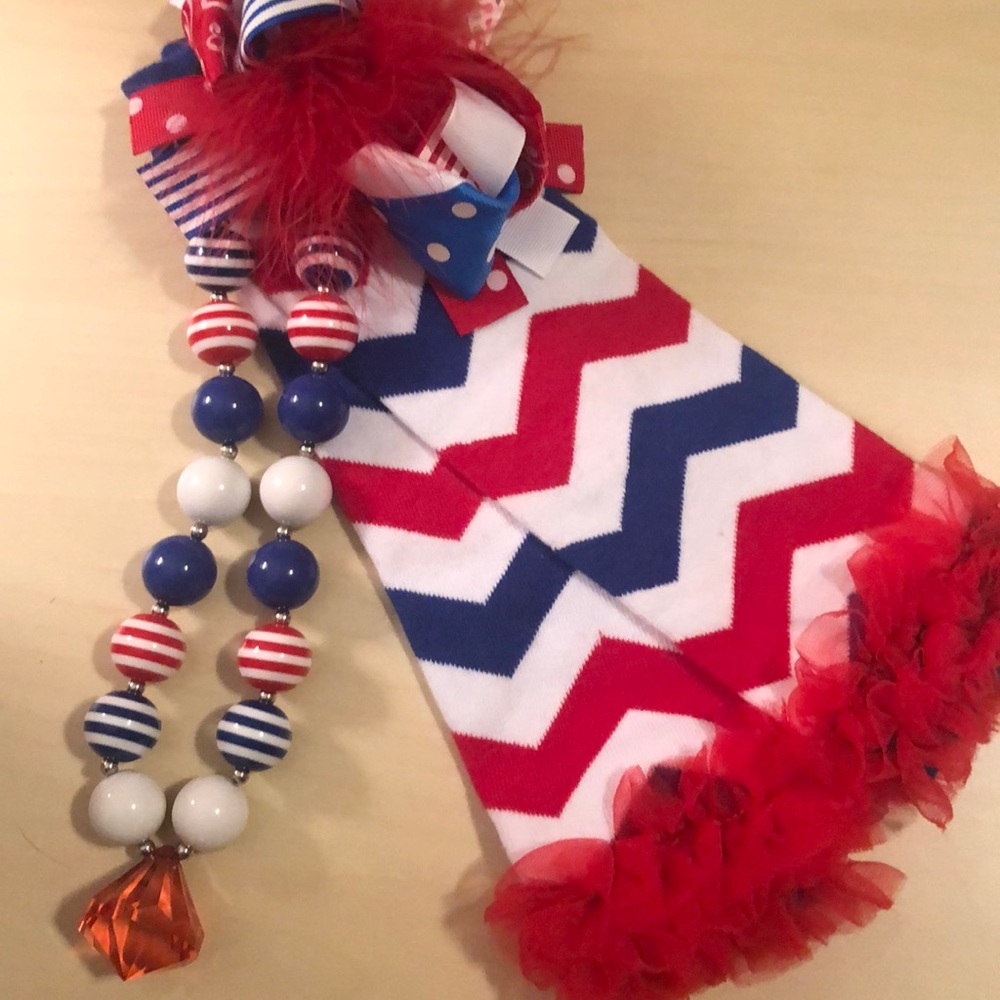 NWOT Patriotic Leg Warmer, Boutique Necklace & Bow